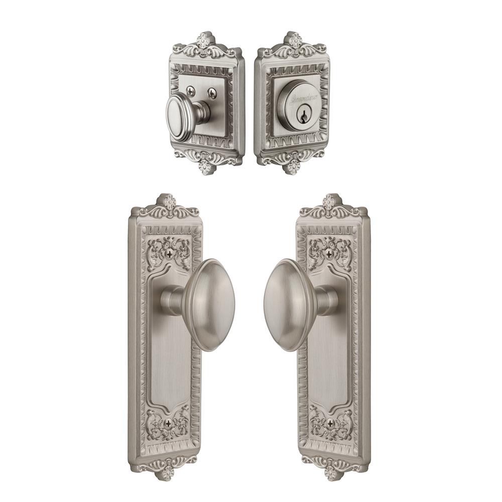 Grandeur by Nostalgic Warehouse Single Cylinder Combo Pack Keyed Differently - Windsor Plate with Eden Prairie Knob and Matching Deadbolt in Satin Nickel